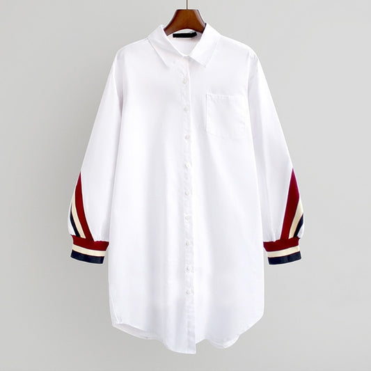 White Loose Button Up Stripe Bandage Women's Shirt
